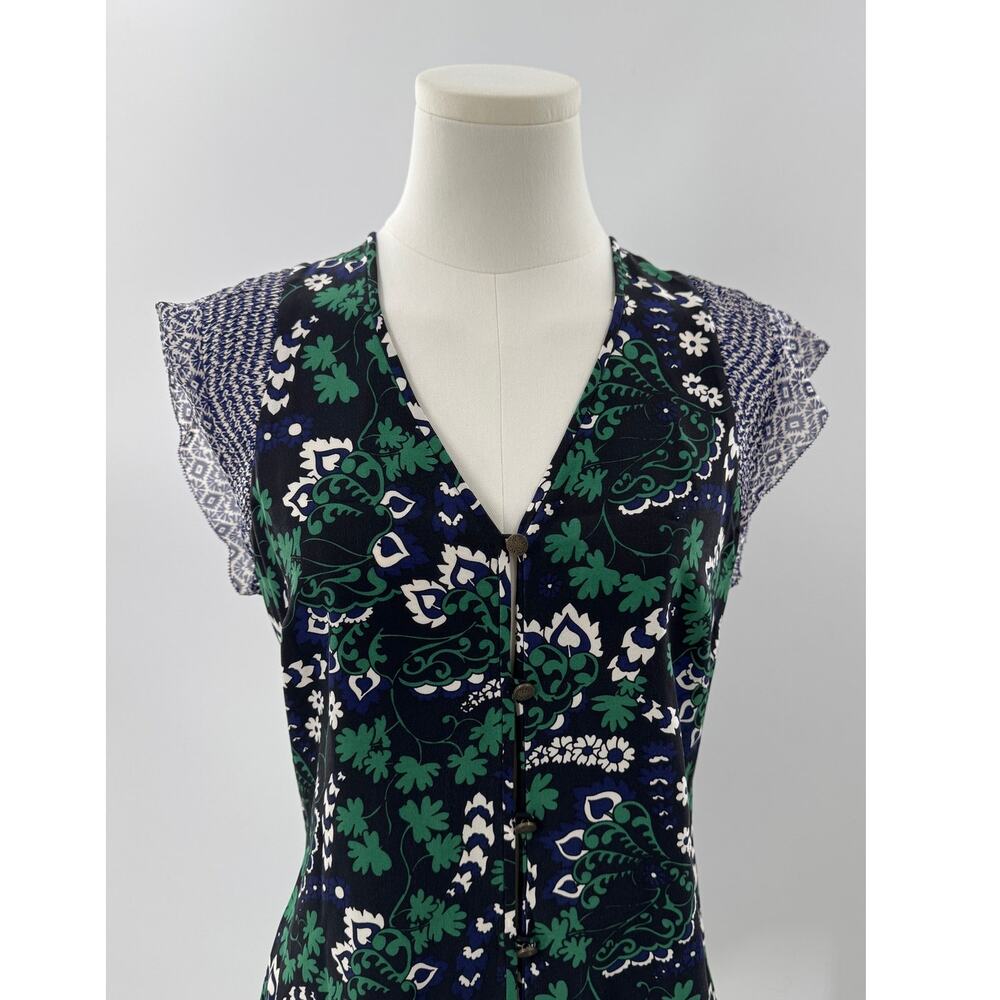 Veronica Beard Black Green Silk Blouse Floral Flutter Sleeve Top S 4